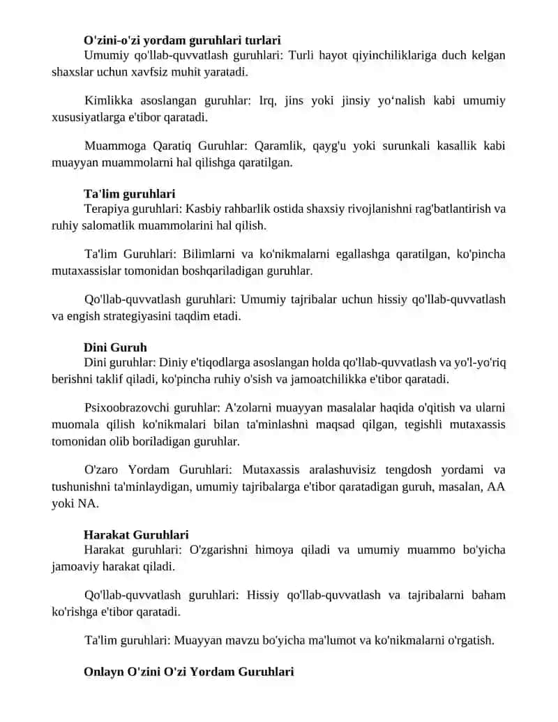 Öz öziga yordam guruhlarining asosiy turlari va ularning xususiyatlari 2