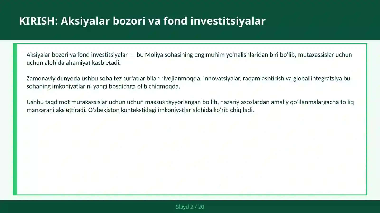 KIRISH: Aksiyalar bozori va fond investitsiyalar 2