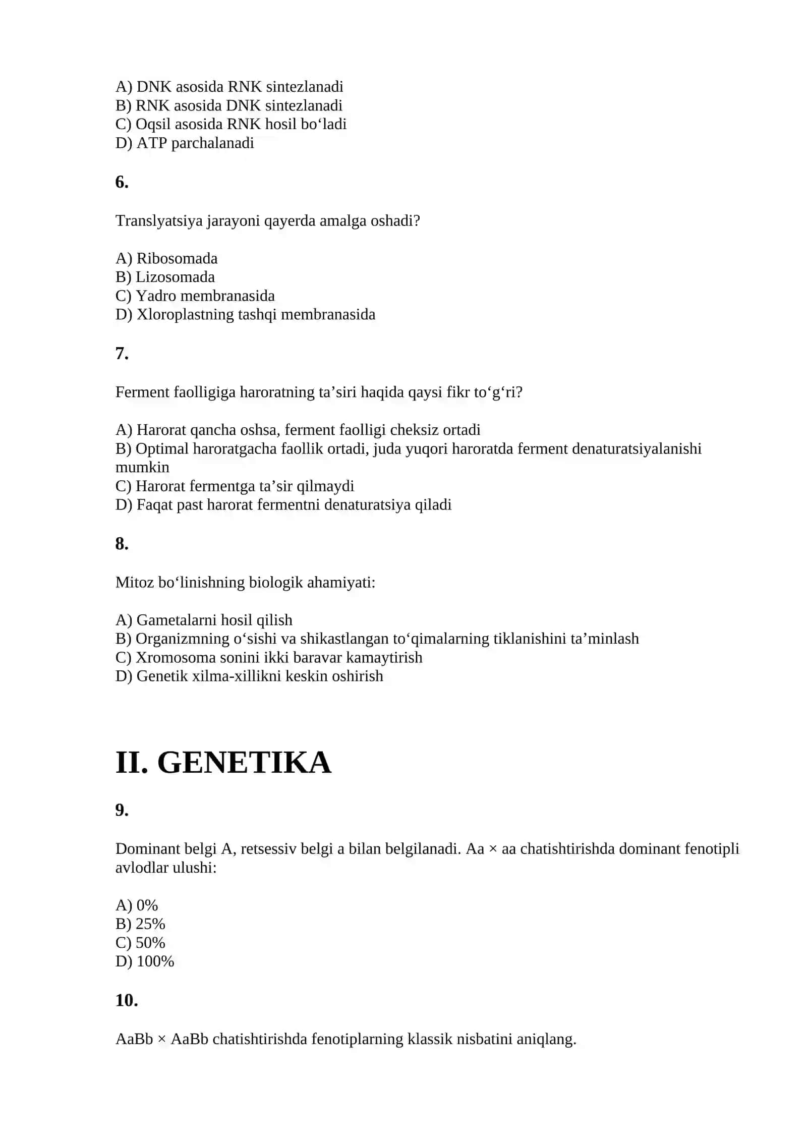 BIOLOGIYA FANI O'QITUVCHILARI UCHUN KASBIY IMTIHON 2
