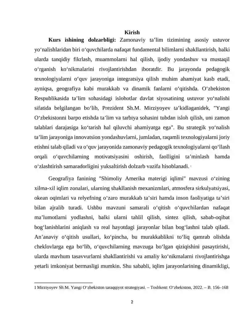Shimoliy Amerika materigi iqlimi mavzusini o'qitishda lokal va xususiy metodik darajadagi pedagogik texnalogiyalarni 2