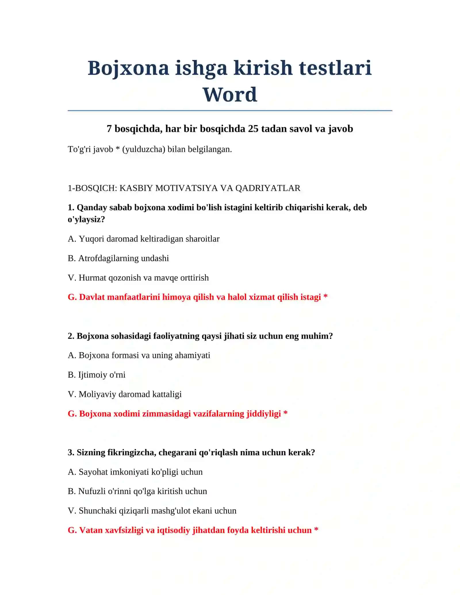 Bojxona ishga kirish testlari Word 2