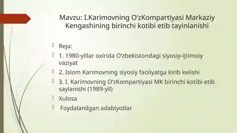 O‘z Kompartiyasi Markaziy Kengashining birinchi kotibiyetni boshqarish 2