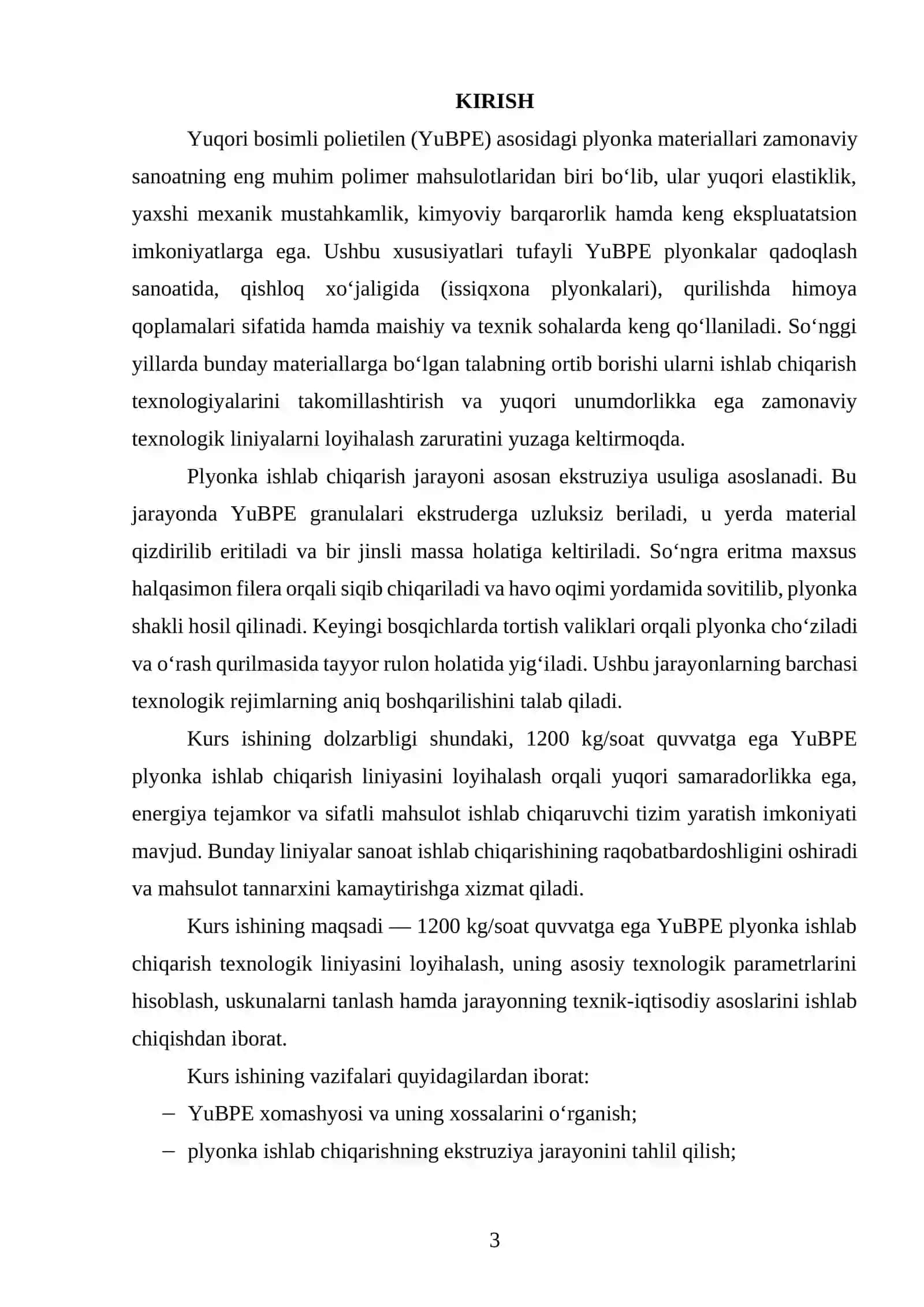 YuBPE dan quvvati 1200 kg/soat boʻlgan plyonka ishlab chiqaradigan texnologik liniyani loyihalash 2