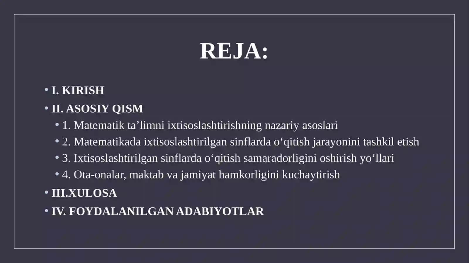 Matematikada ixtisoslashtirilgan sinflarda oʻqitishni tashkilotish 2