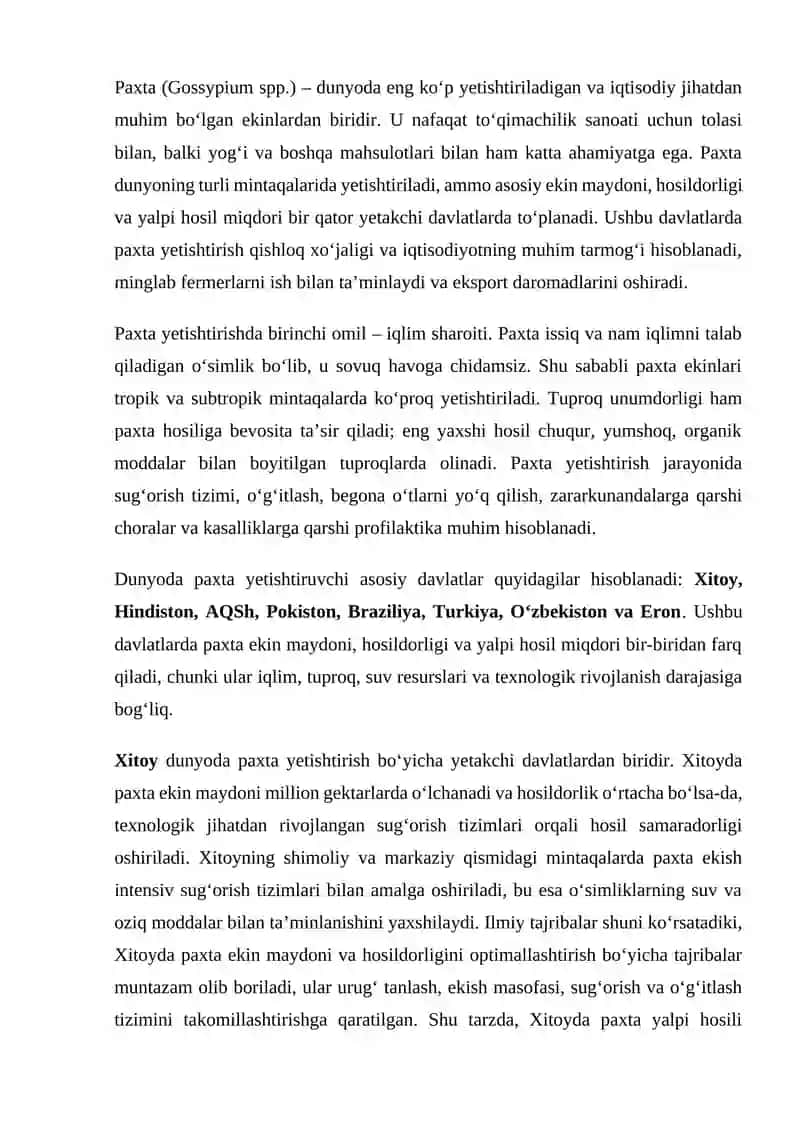 Dunyodagi_asosiy_paxta_yetishtiruvchi_ekin_maydoni,hosildorligi 2