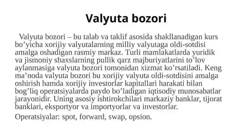 Valyuta bozori statistikasi ko’rsatkichlari 2
