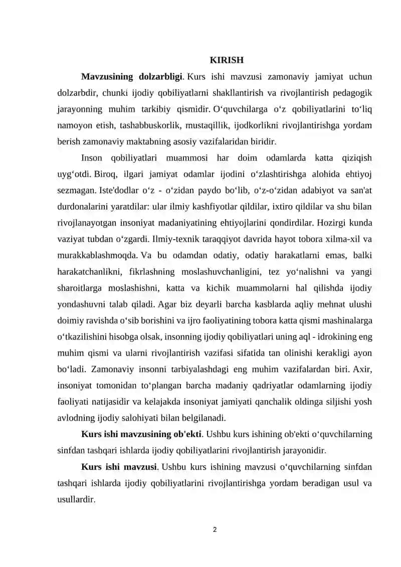 Sinfdan tashqari ishlarda o‘quvchilarning ijodiy qobiliyatining amaliy jihatlari 2