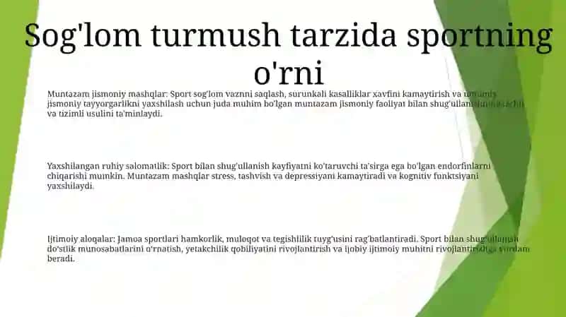 Muntazam jismoniy mashqlar: Sport sog'lom vaznni saqlash, surunkali kasalliklar xavfini kamaytirish va umumiy jismoniy tayyorgarlikni yaxshilash 2