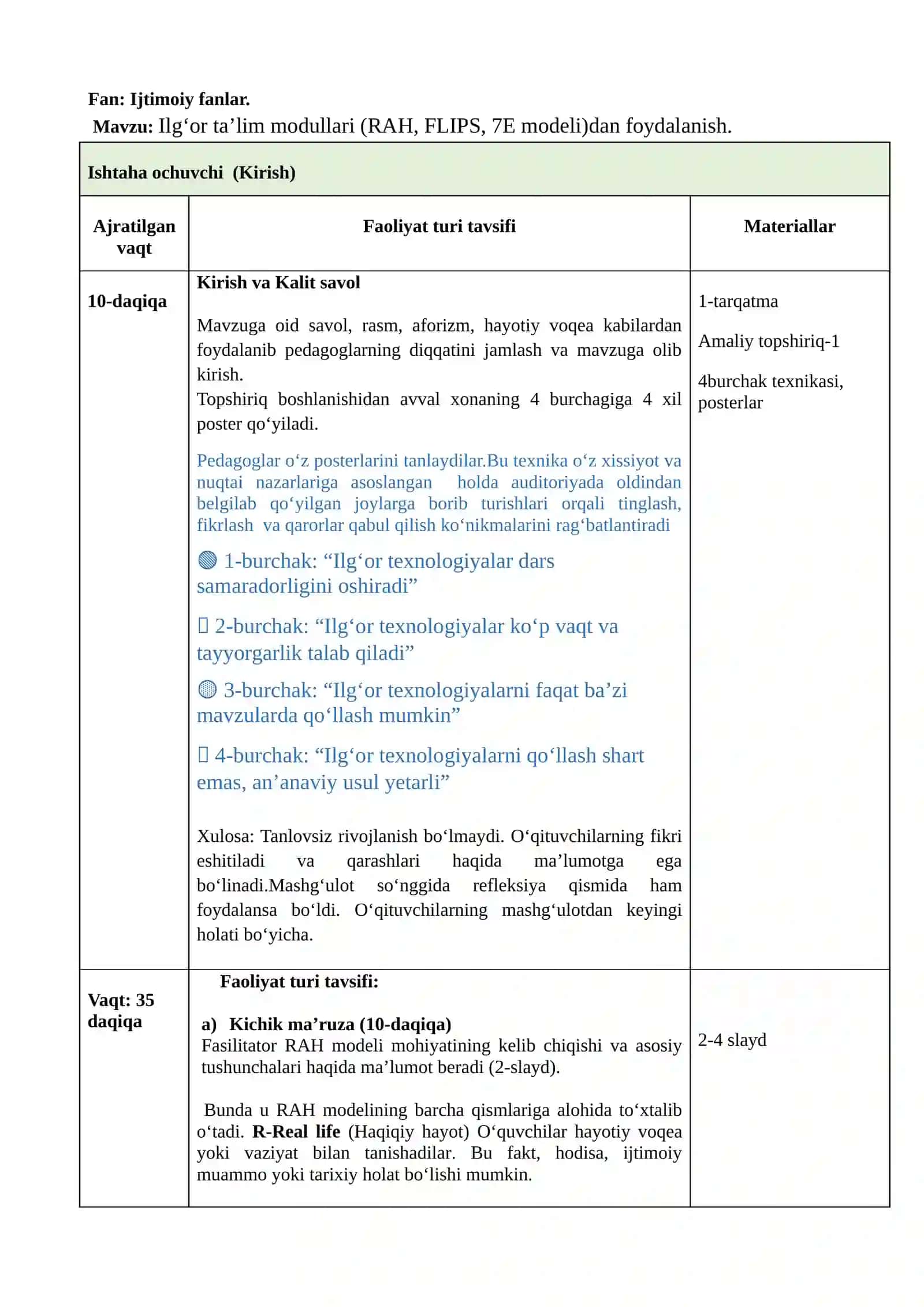 Ilgʻor taʼlim modullari (RAH, FLIPS, 7E modeli)dan foydalanish 2