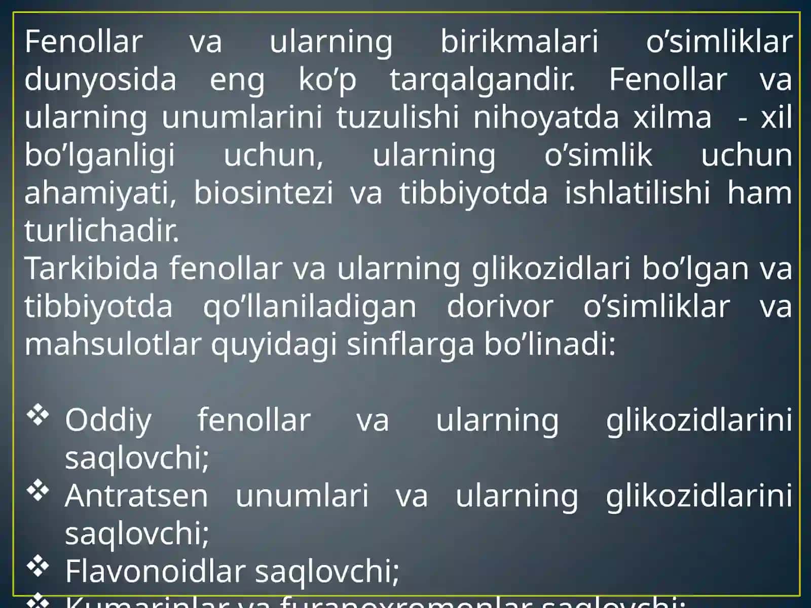 Fenollar va ularning birikmalari (FENOL UNUMLARI, FENOLGLIKOZIDLAR, LIGNANLAR) 2