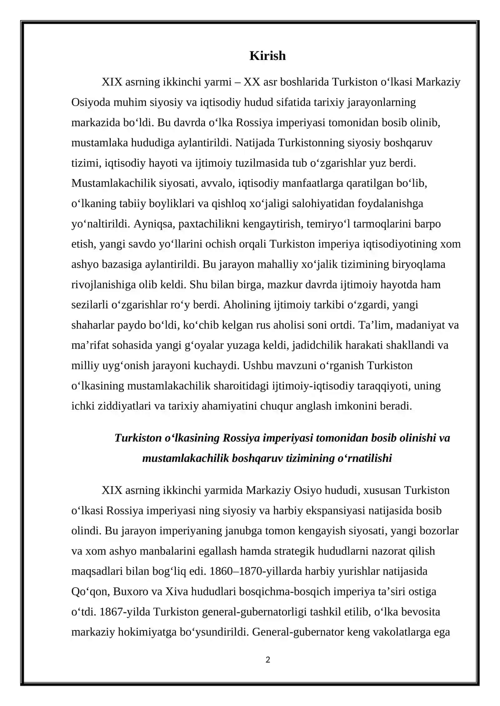 XIX asrning ikkinchi yarmi – XX asr boshlarida Turkiston o‘lkasidagi ijtimoiy-iqtisodiy hayot 2