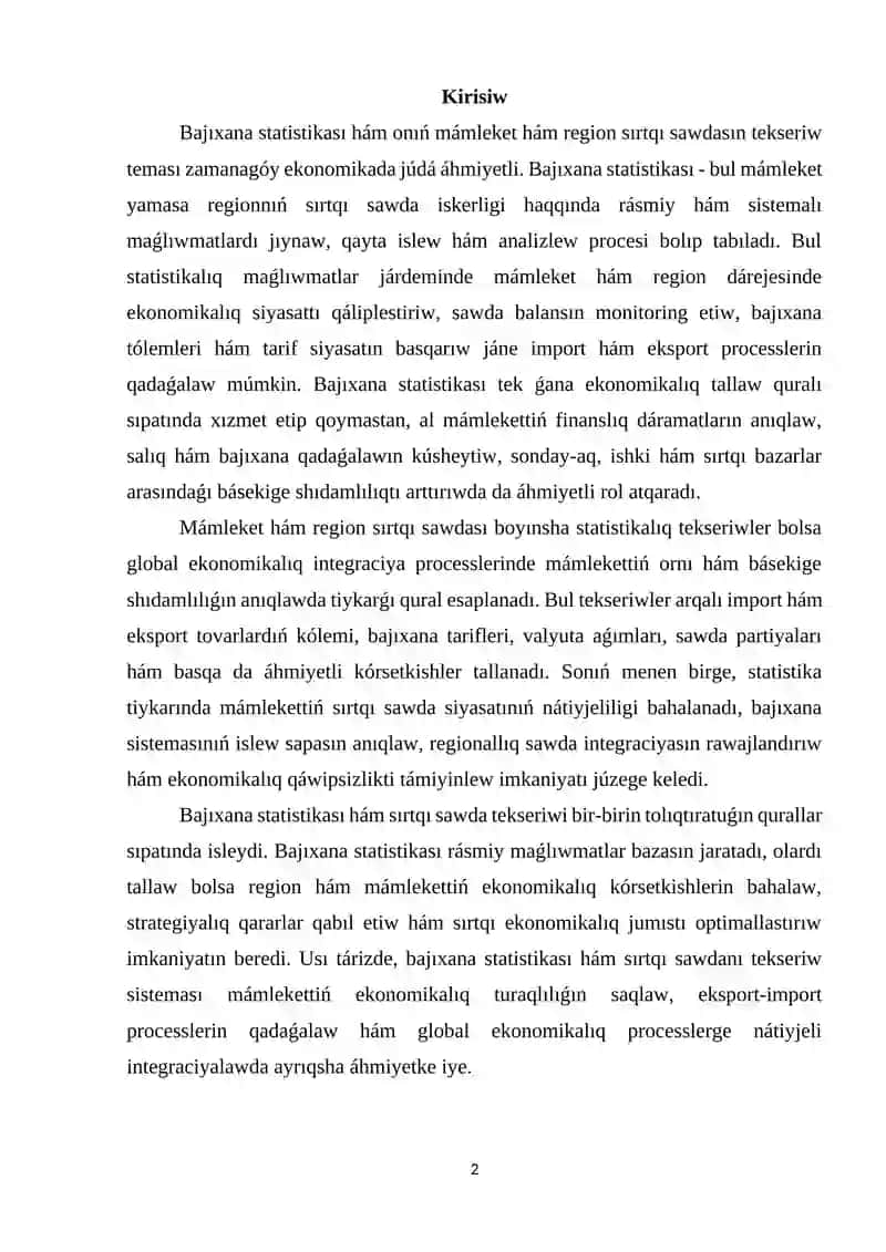 Bajıxana statistikası hám onıń mámleket (region) sırtqı sawdasınıń statistikalıq tekseriwi. 2