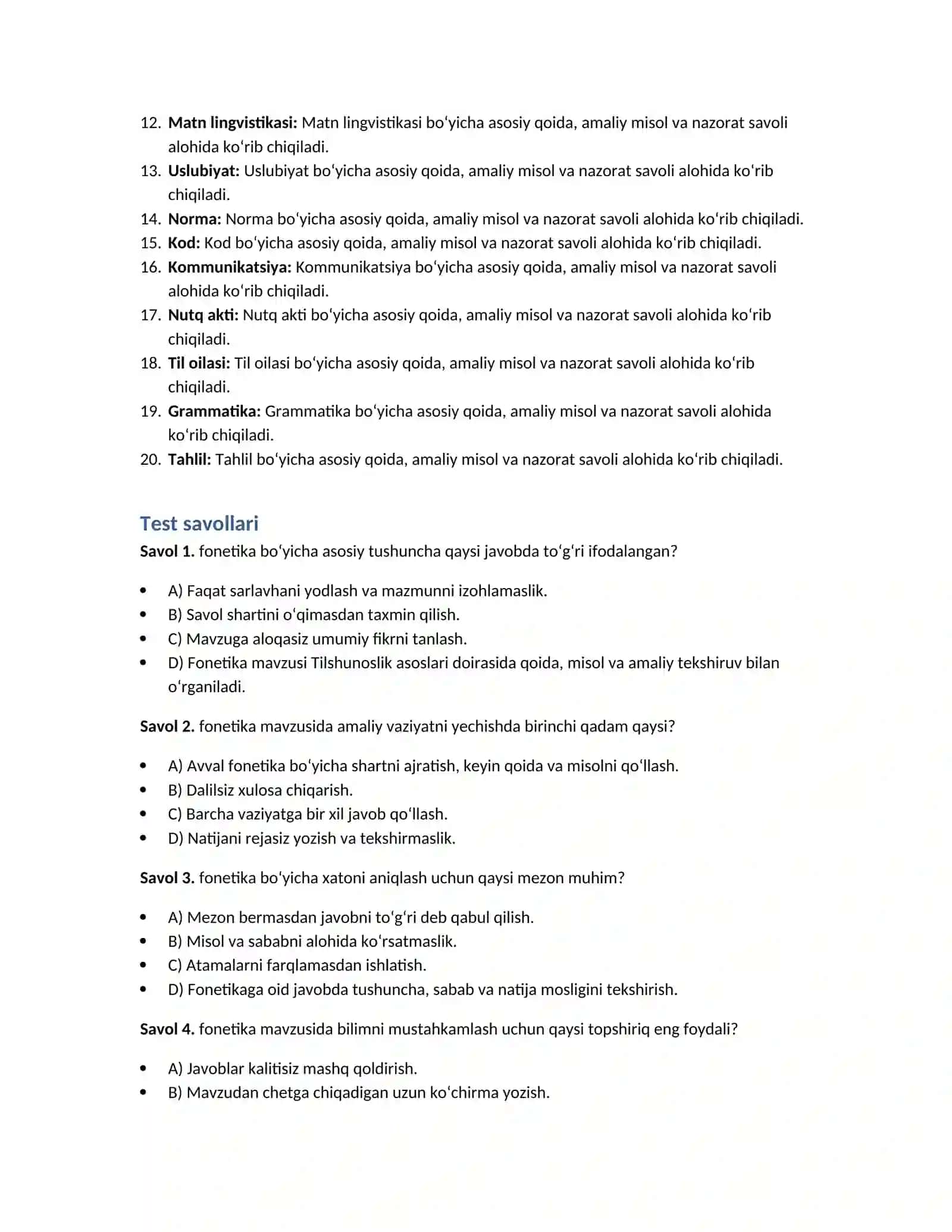 Tilshunoslik asoslari — 100 test javoblari bilan 2
