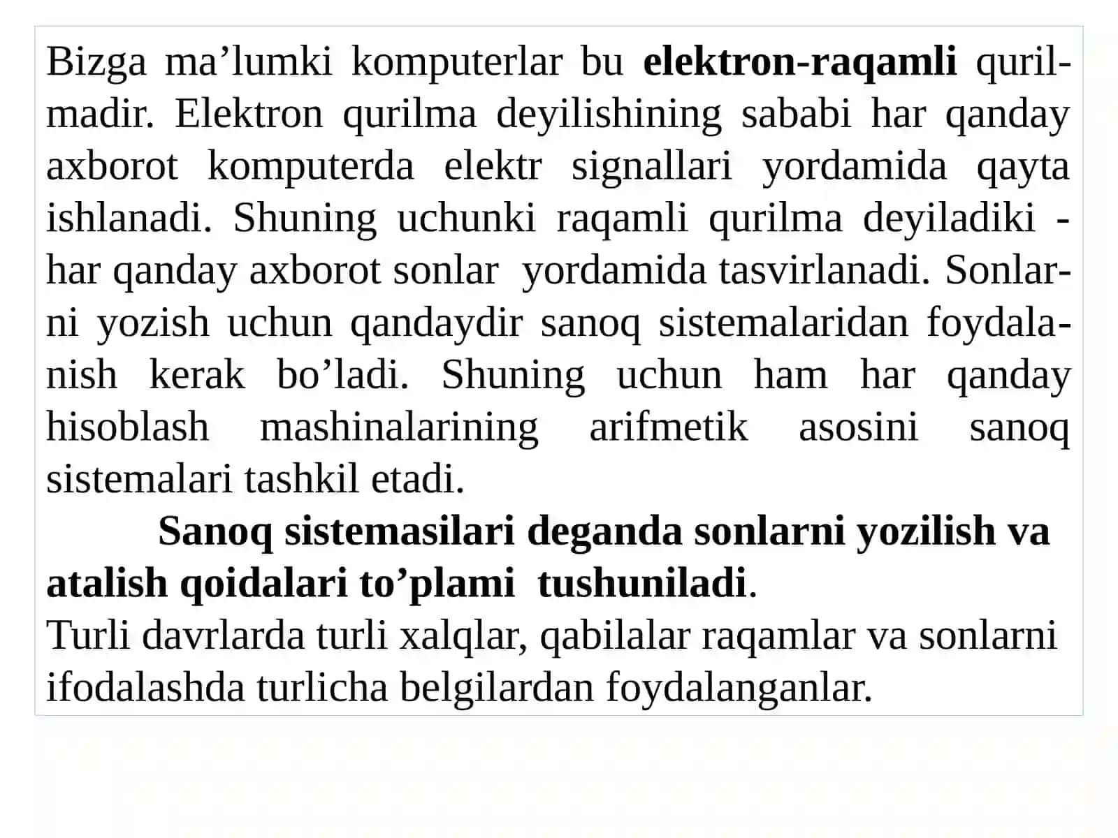 Sanoq sistemalari. Sanoq sistemalarida arifmetika amallari bajarish. Sonlarni bir sanoq sistemasidan boshqa bir sanoq sistemasiga o’tkazish usullari 2