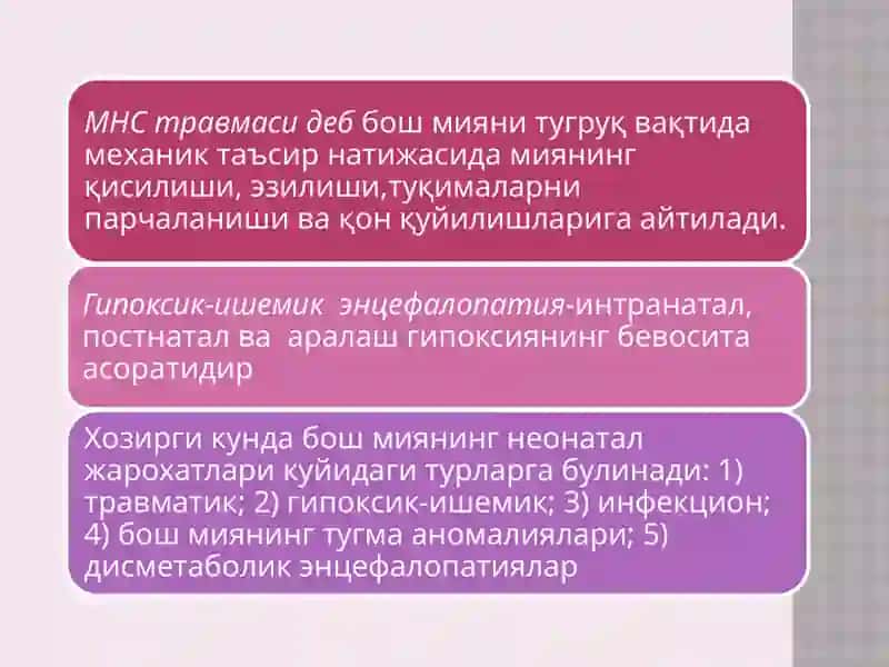 Бош миянинг тугруқ жарохатлари.Перинатал энцефалопатия. Бош мияга қон қуйилиш 2