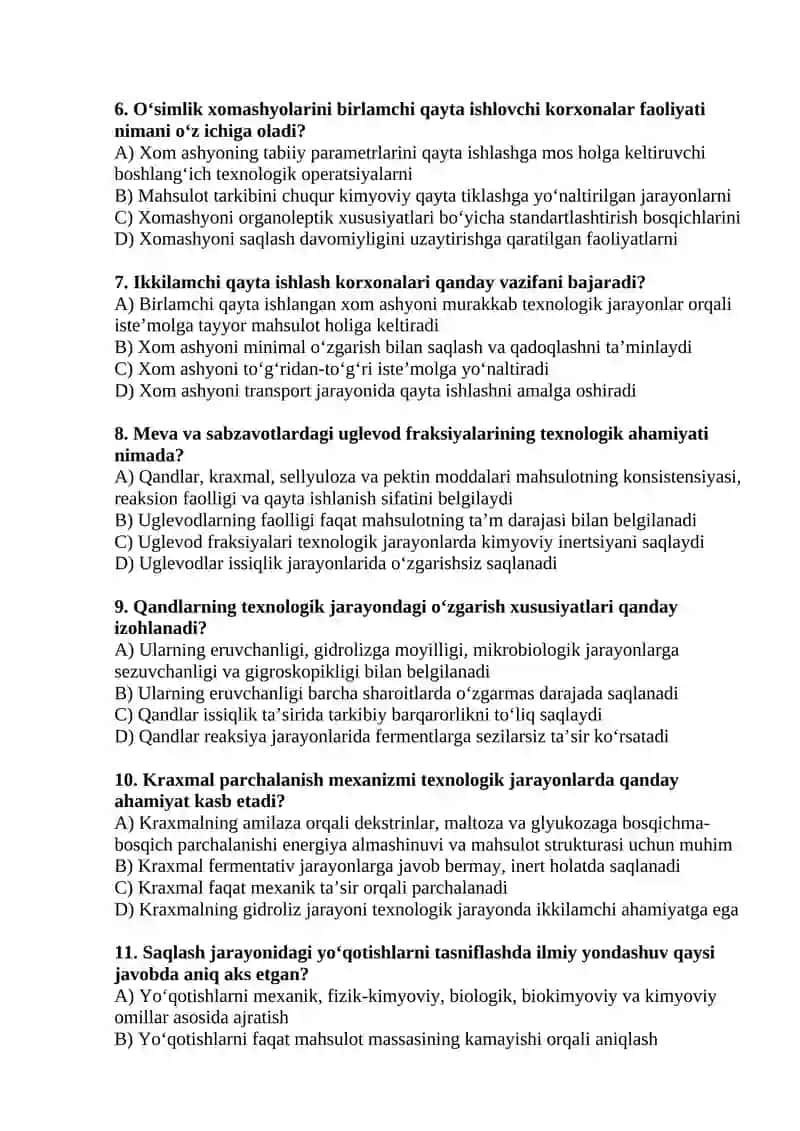 Oziq-ovqat sanoati - Iqtisodiyot fanidan test savollari 2