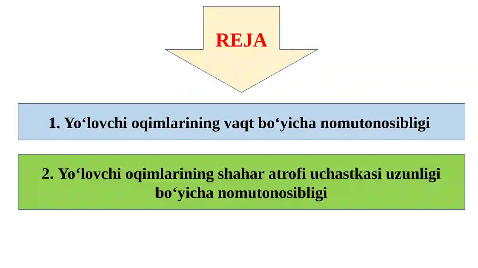 9-MA’RUZA SHAHAR ATROFI YO‘LOVCHI TASHISHLARINING NOMUTONOSIBLIGI TAHLILI 2