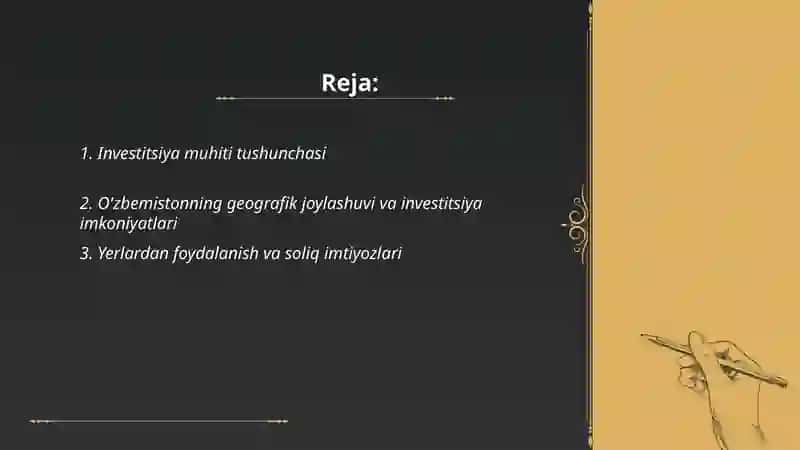 O'zbemistonda investitsiya muhitidagi afzalliklar, kamchiliklar va ularga tegishli yechimlar 2