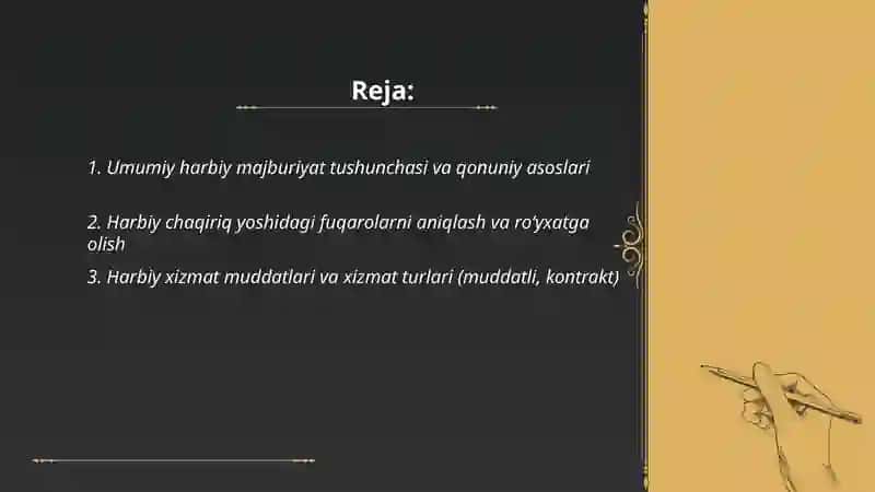 Oʻzbekiston respublikasi fuqarolarining umumiy harbiy majburiyatini va harbiy xizmatni oʻtash tartibi 2