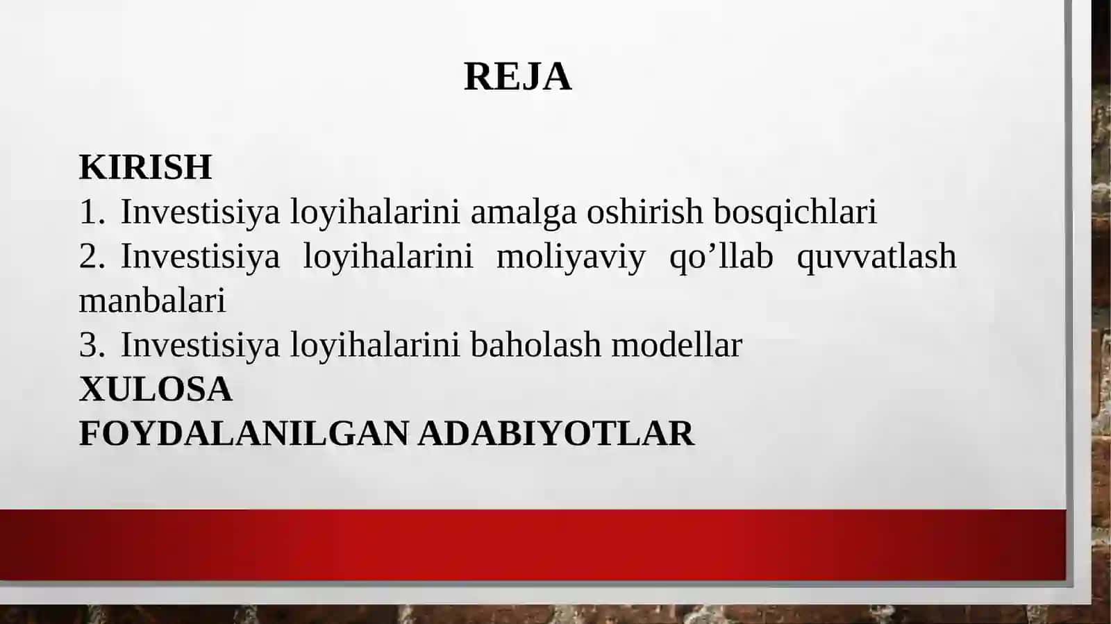 INVESTITSIYA LOYIHALARINIBAHOLASH USULLARI 2
