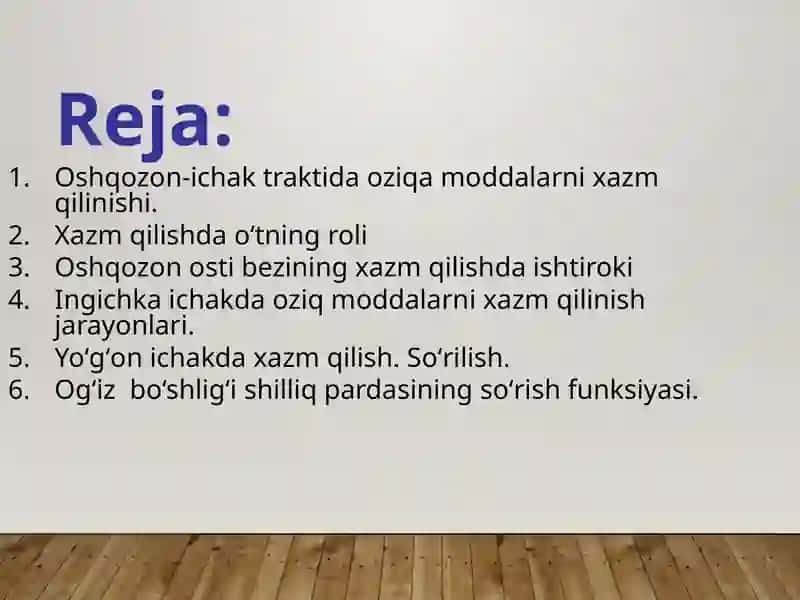 Oshqozon va ichakda xazm qilish. Jigar funksiyasi. Pankreatik sekretsiya. Meʼda-hazm traktining motor-evakuator faoliyati. Peristaltika. So‘rilish 2