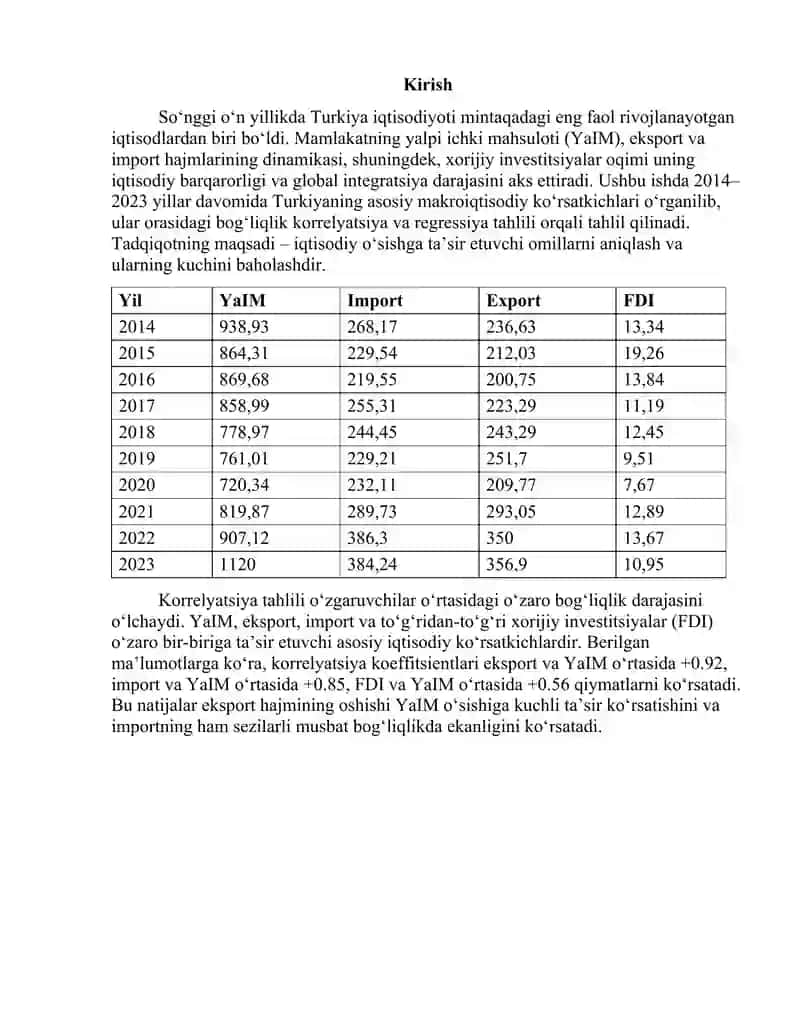 Yalpi ichki mahsulot, eksport, import va to'g'ridan-to'g'ri xorijiy investitsiya ko'rsatkichlari asosida korrelyatsiya va regressiya tahlili 2
