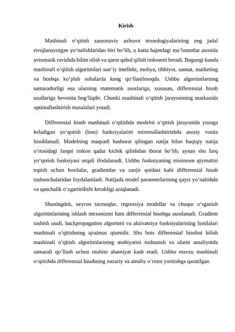 Mashinali o‘qitish algoritmlarida differensial hisob tatbiqlari 2