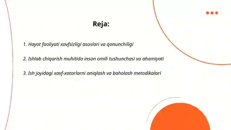 Hayot faoliyati xavfsizligini taminlash asoslari. Ishlab chiqarish muhitida inson omili 2