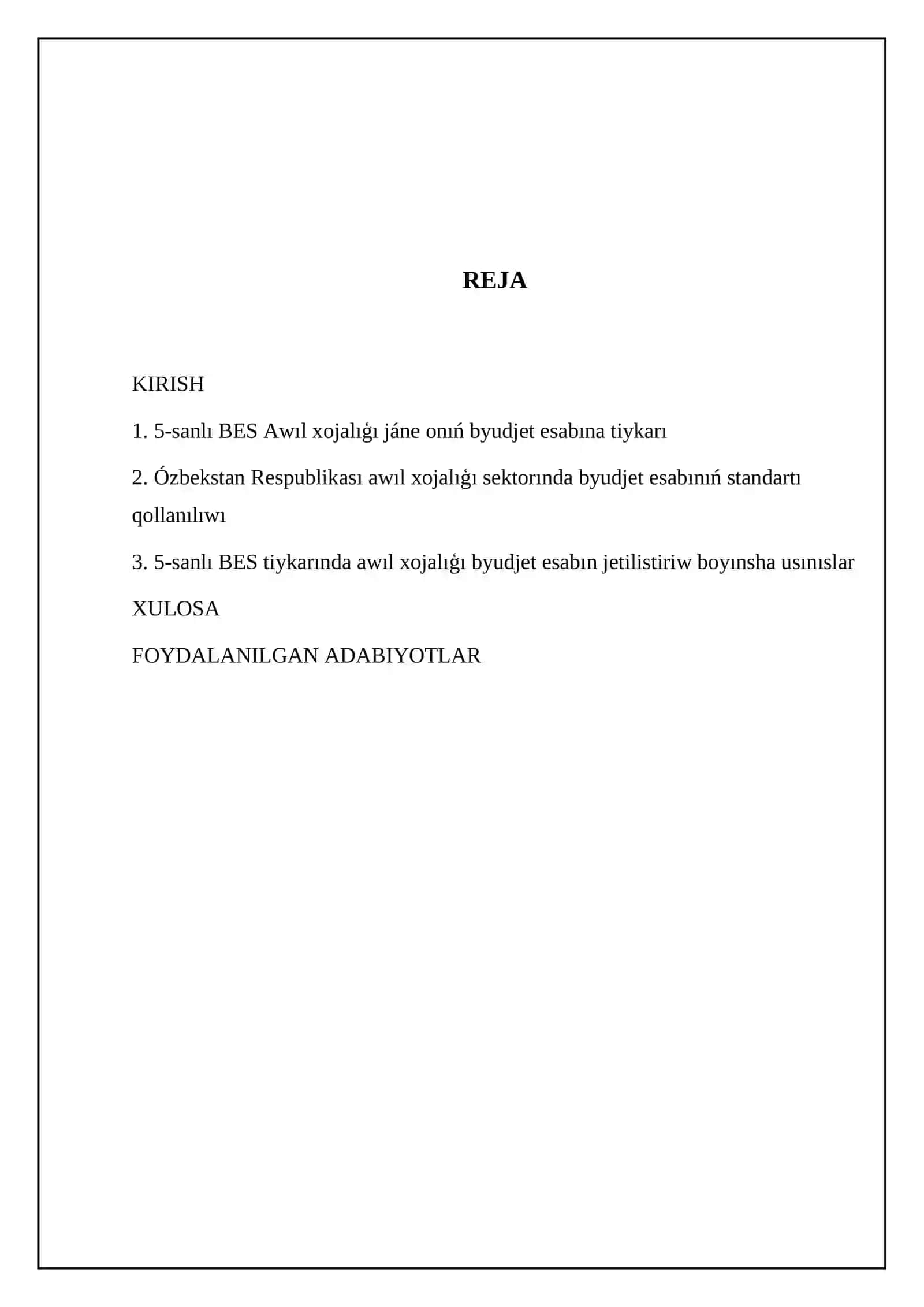 Ózbekstan Respublikası byudjet esabınıń standartı 5-sanlı BES Awıl xojalıģı 2