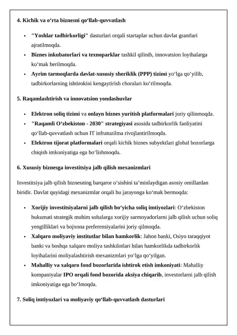 Davlat tomonidan xususiy biznes va tadbirkorlikningrivojlanishini ra`gbatlantirish mexanizmi 2