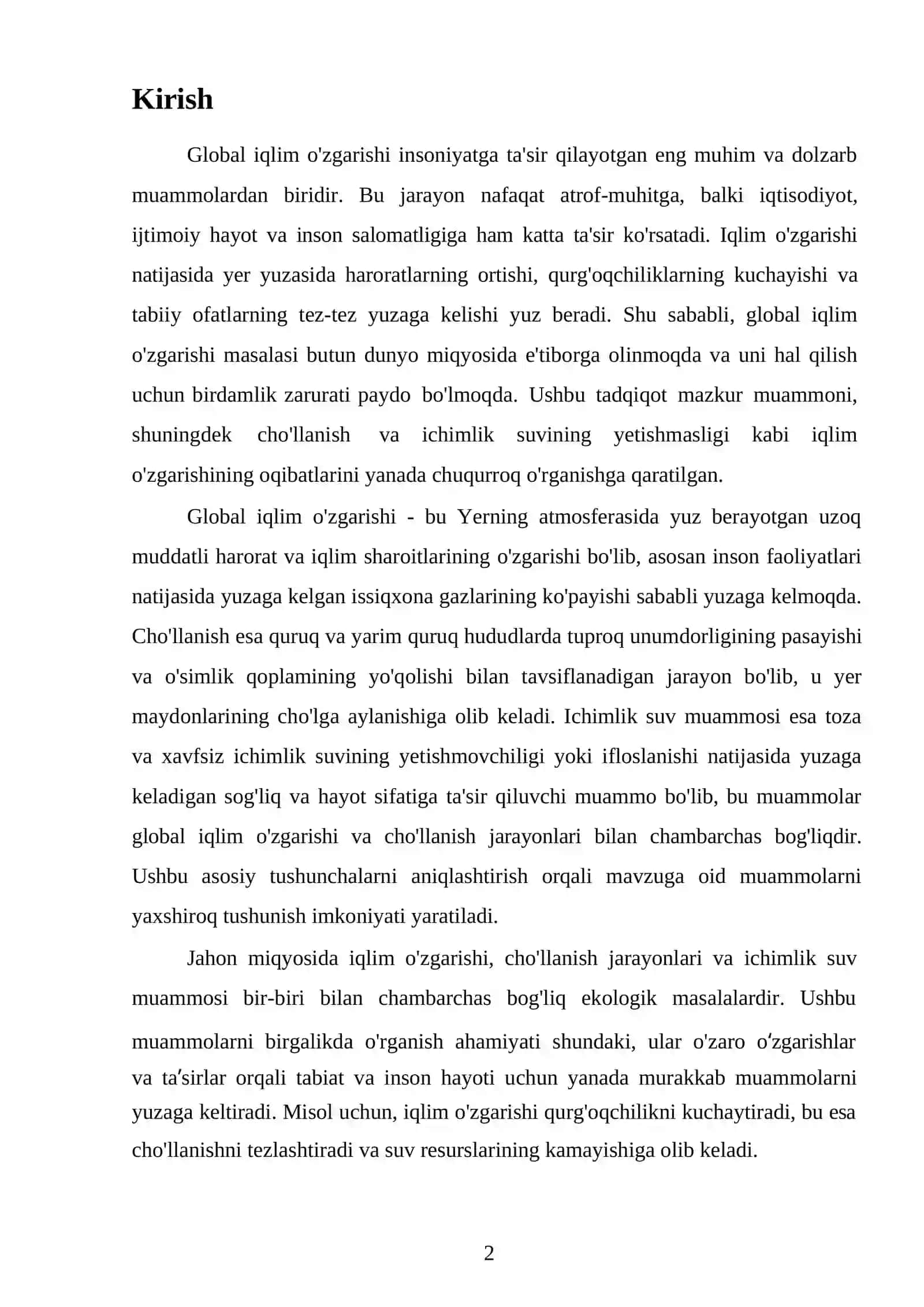 Global iqlim o'zgarishi, cho'llanish sabablari, ichimlik suv muammosi 2