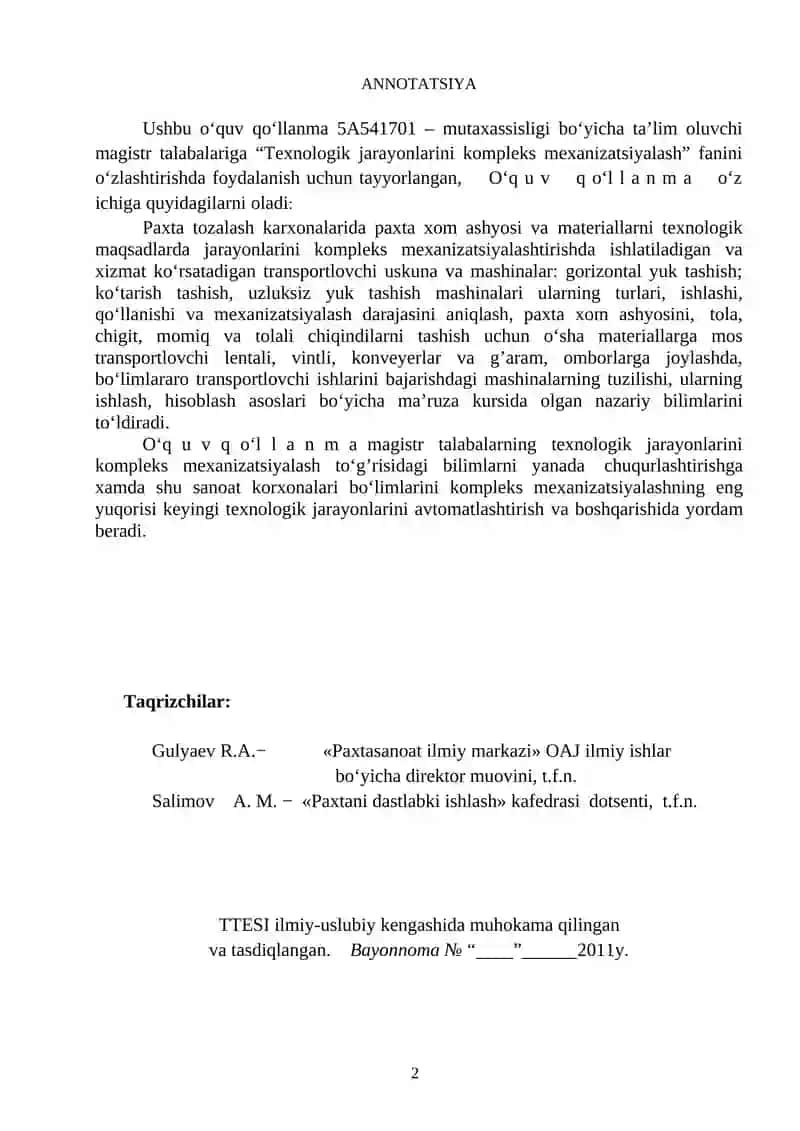 Texnologik jarayonlarini kompleks mexanizatsiyalash 2