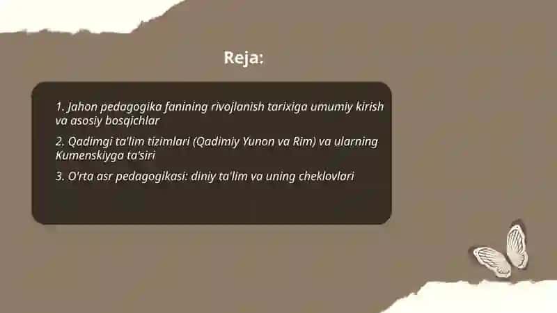 Jahon pedagogika fanining rivojlanish tarixi bayoni 2