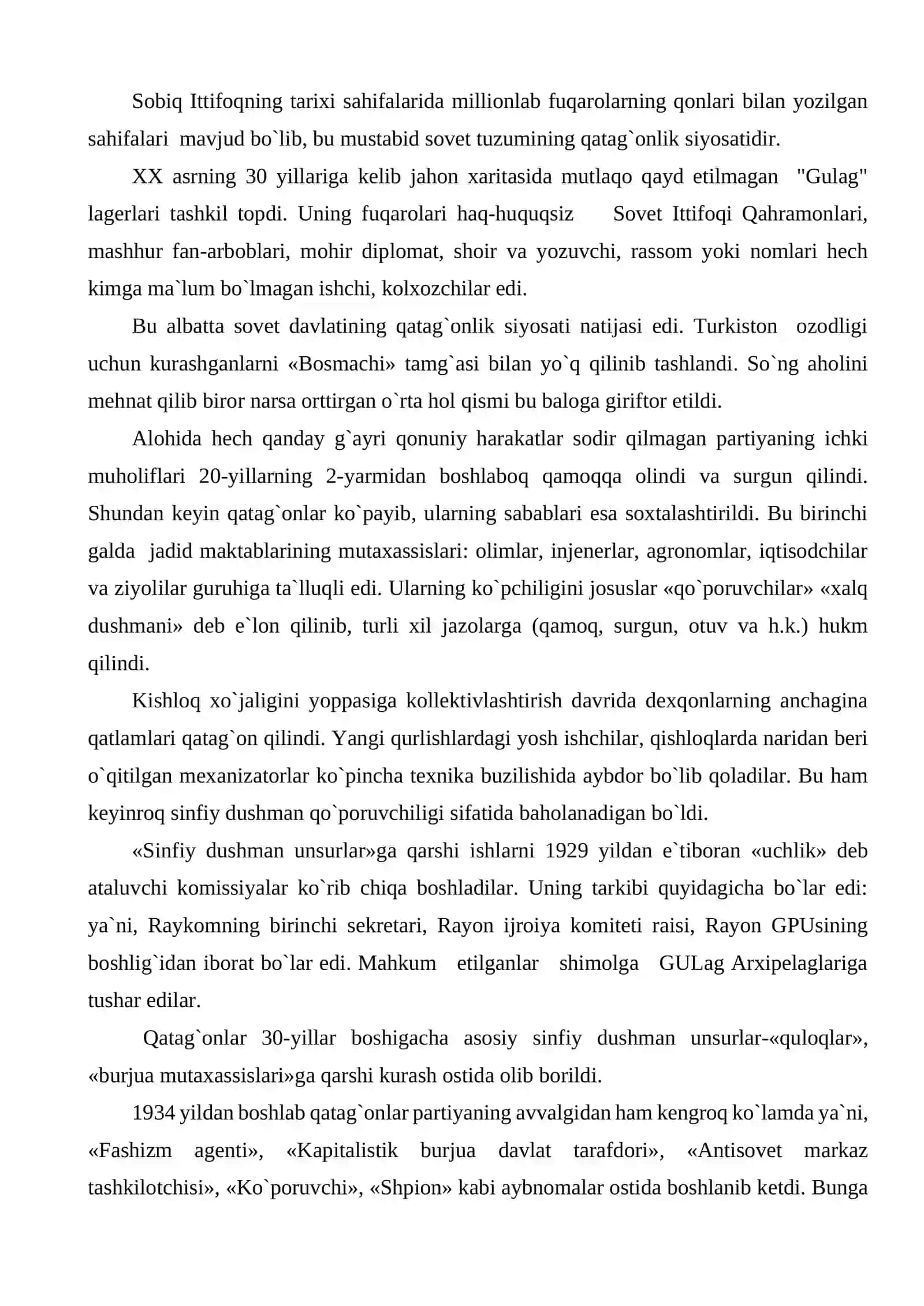 Sovet tuzumining qatag`onlik siyosati va uning o`zbekistondagi og`ir oqibatlari 2