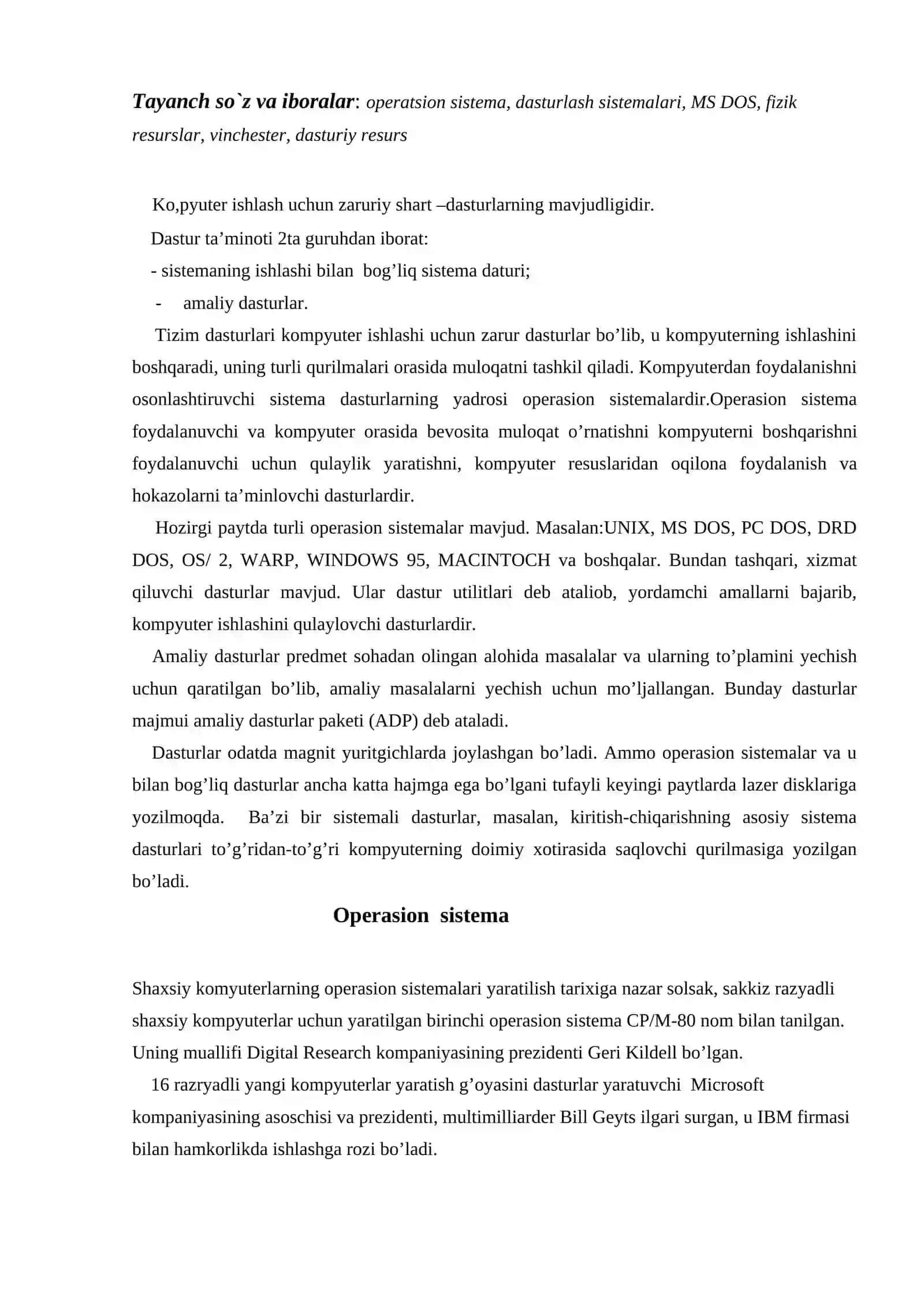 Amaliyot tizimlari va dasturiy ta’minotlar 2