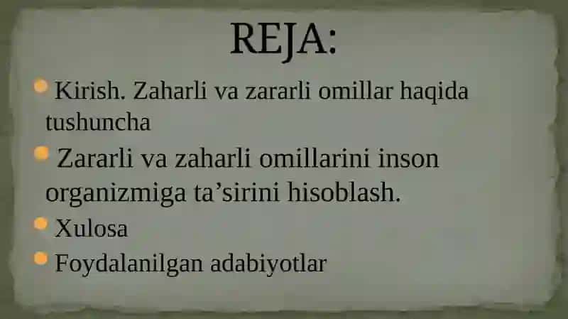 Uskunalardan tarqalayotgan zararli va zaharli omillarini inson organizmiga ta’sirini hisoblash. 2