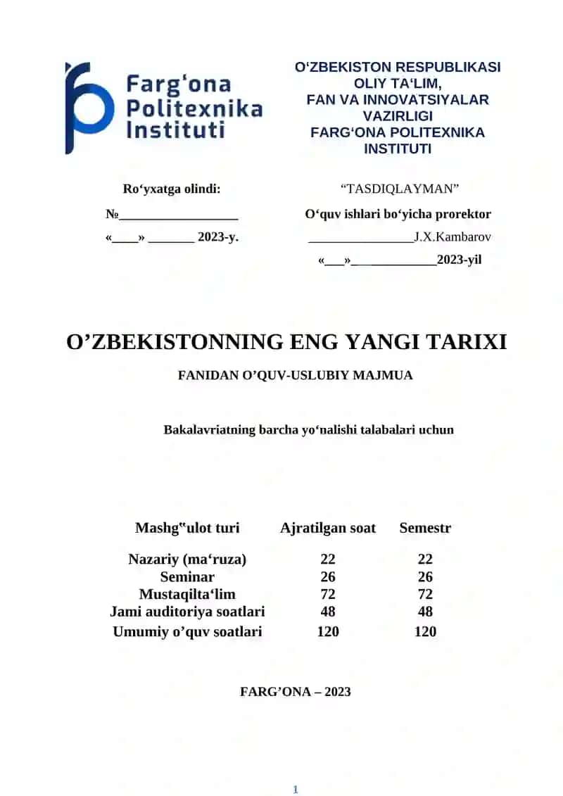 O‘zbekistonning eng yangi tarixi FANIDAN O‘QUV-USLUBIY MAJMUA 2