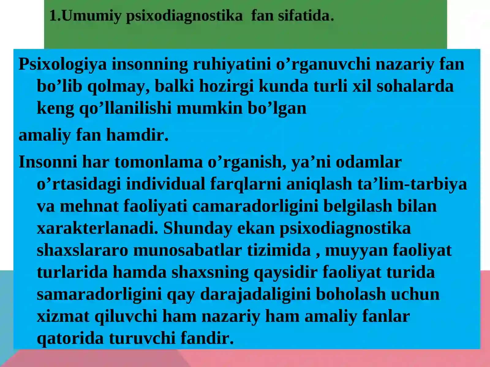 Psixodiagnostika va psixologiya tarmoqlari o’rtasidagi bog’liqlik 2