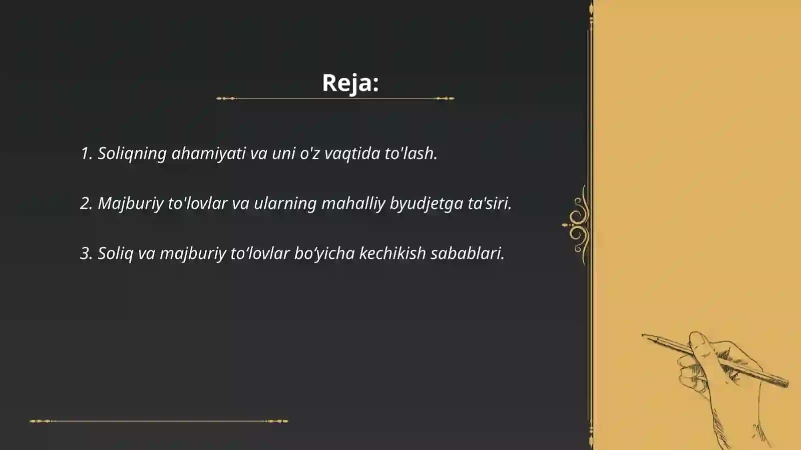 Soliq va majburiy toʻlovlarni õz vaqtida toʻlamaslik.Fuqarolar tomonidan qonunda belgilangan burchlarni bajarmaslik 2