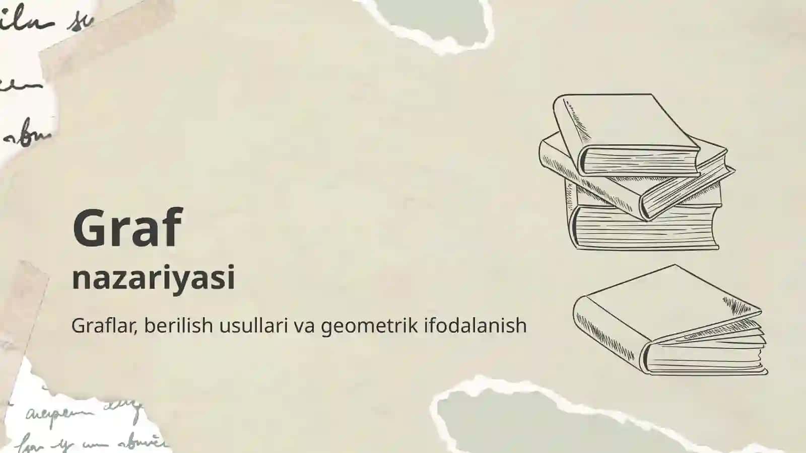 Graflar nazariyasi haqida umumiy ma’lumot. Graflarning berilish usullari: geometrik ifodalanishi.Graflar ustida amallar. Grafning bog`lamligi.Eyler va Gamilton graflari 2