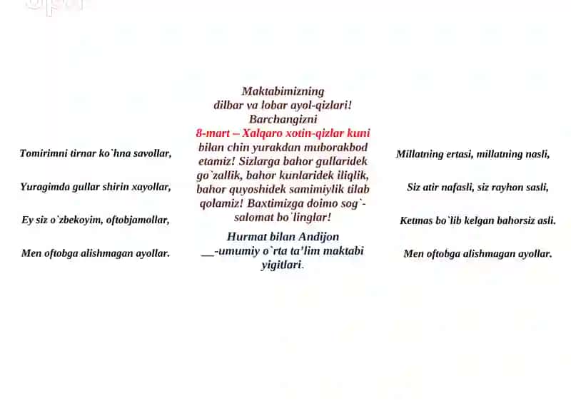Xalqaro xotin-qizlar kuniga tabriknoma 2