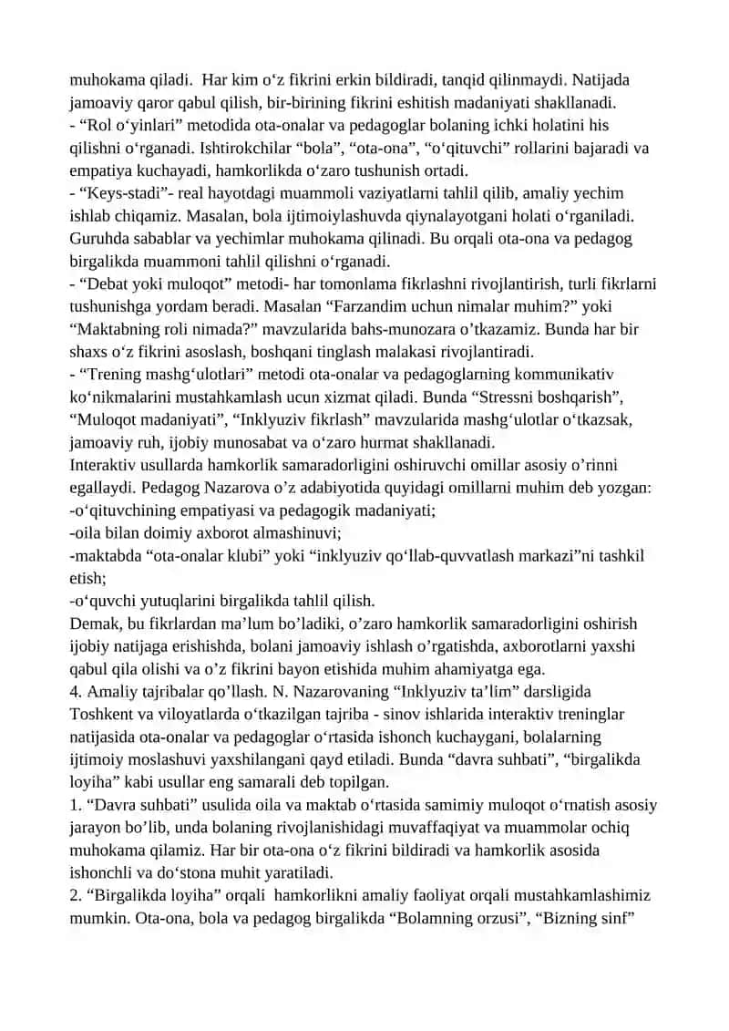 Inklyuziv ta’lim sharoitida oila va maktab hamkorligini rivojlantirishda interaktiv usullar. 2