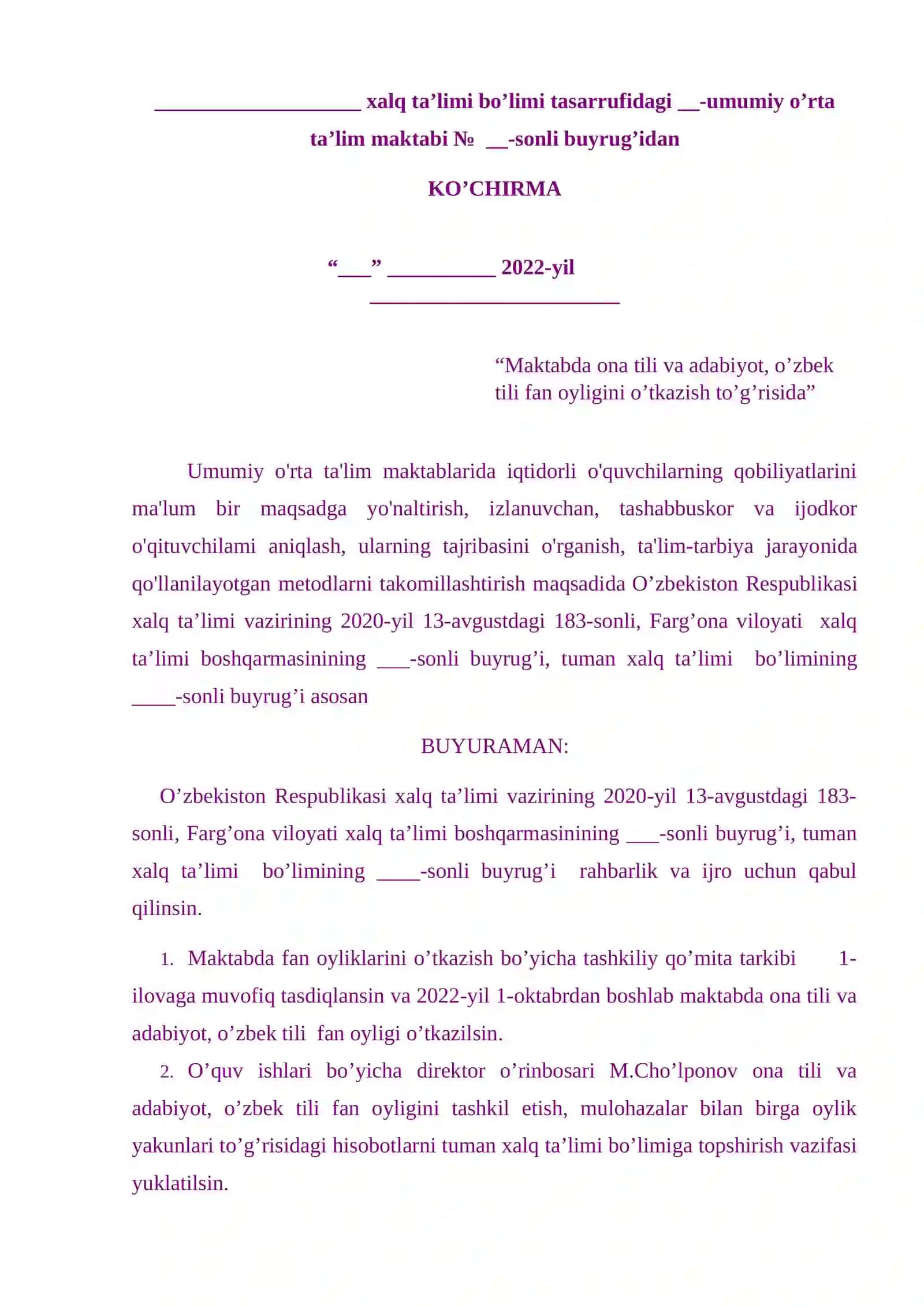 Ona tili va adabiyot, o'zbek tili fan oyligi hujjatlari 2