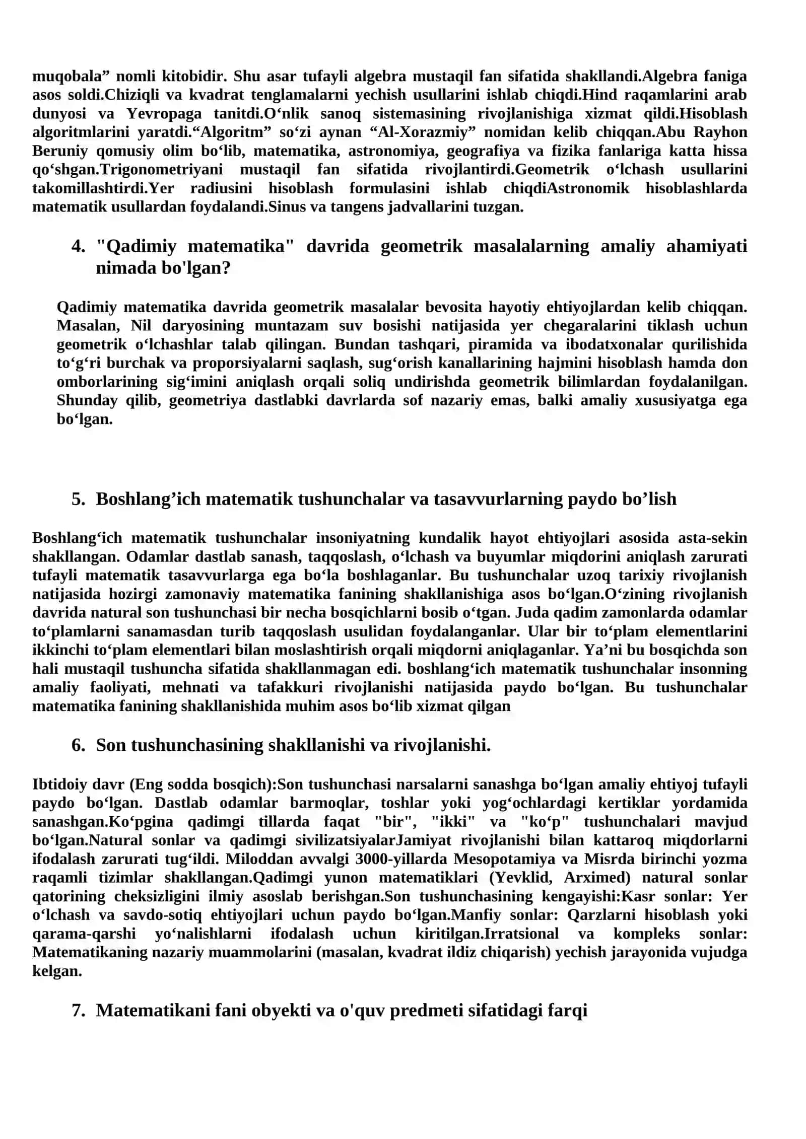 Matematika o’qitish metodikasi fanidan 2025-2026 o’quv yili 2-yarim yilligi uchun Yakuniy nazorat savollari 2