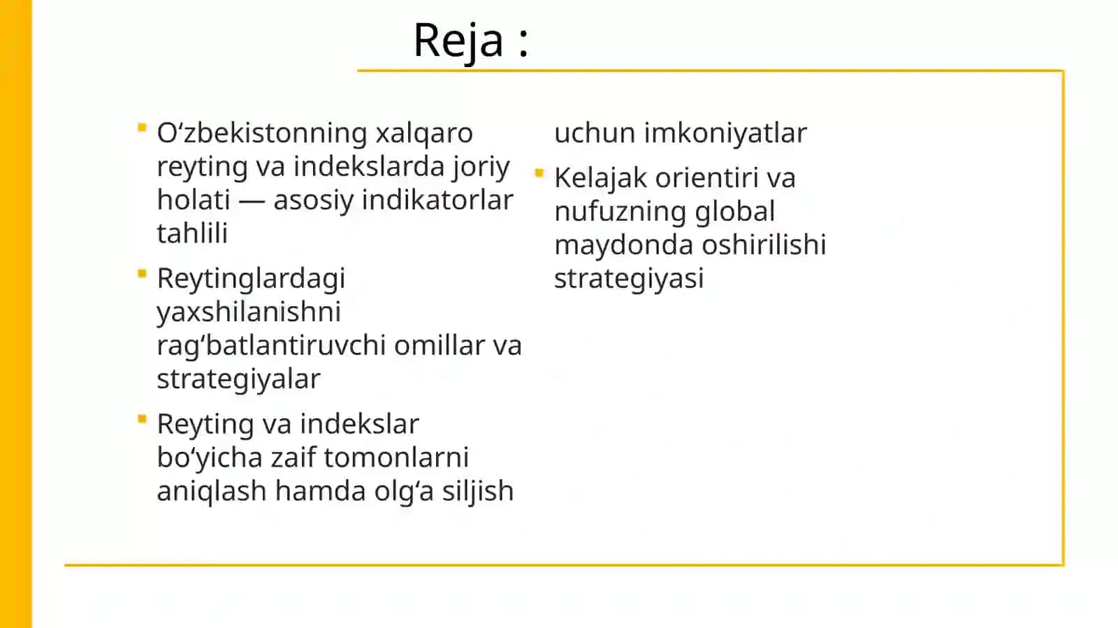 O‘zbekistonning xalqaro reyting va indekslardagi o‘rnini tushuntirish uchun nazoratni muvofiqlashtirish 2