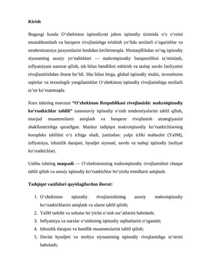 Oʻzbekiston Respublikasi Rivojlanishi: Makro iqtisodiy ko‘rsatkichlar tahlili 2
