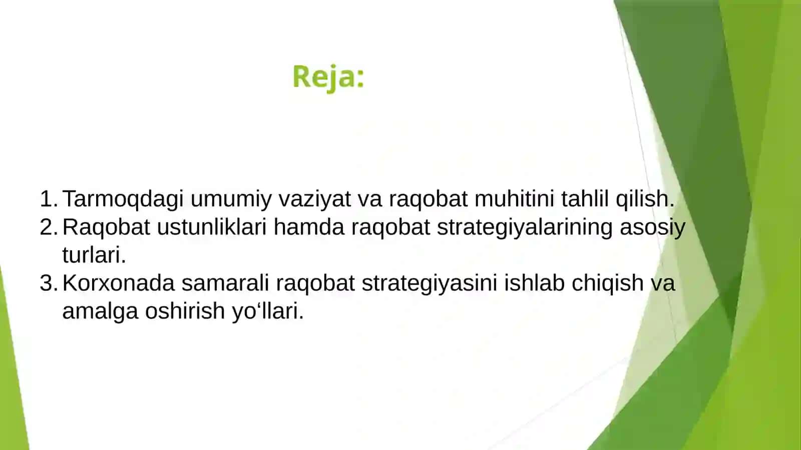 Tarmoqdagi umumiy vaziyat va unda raqobat strategiyasini ishlab chiqish 2