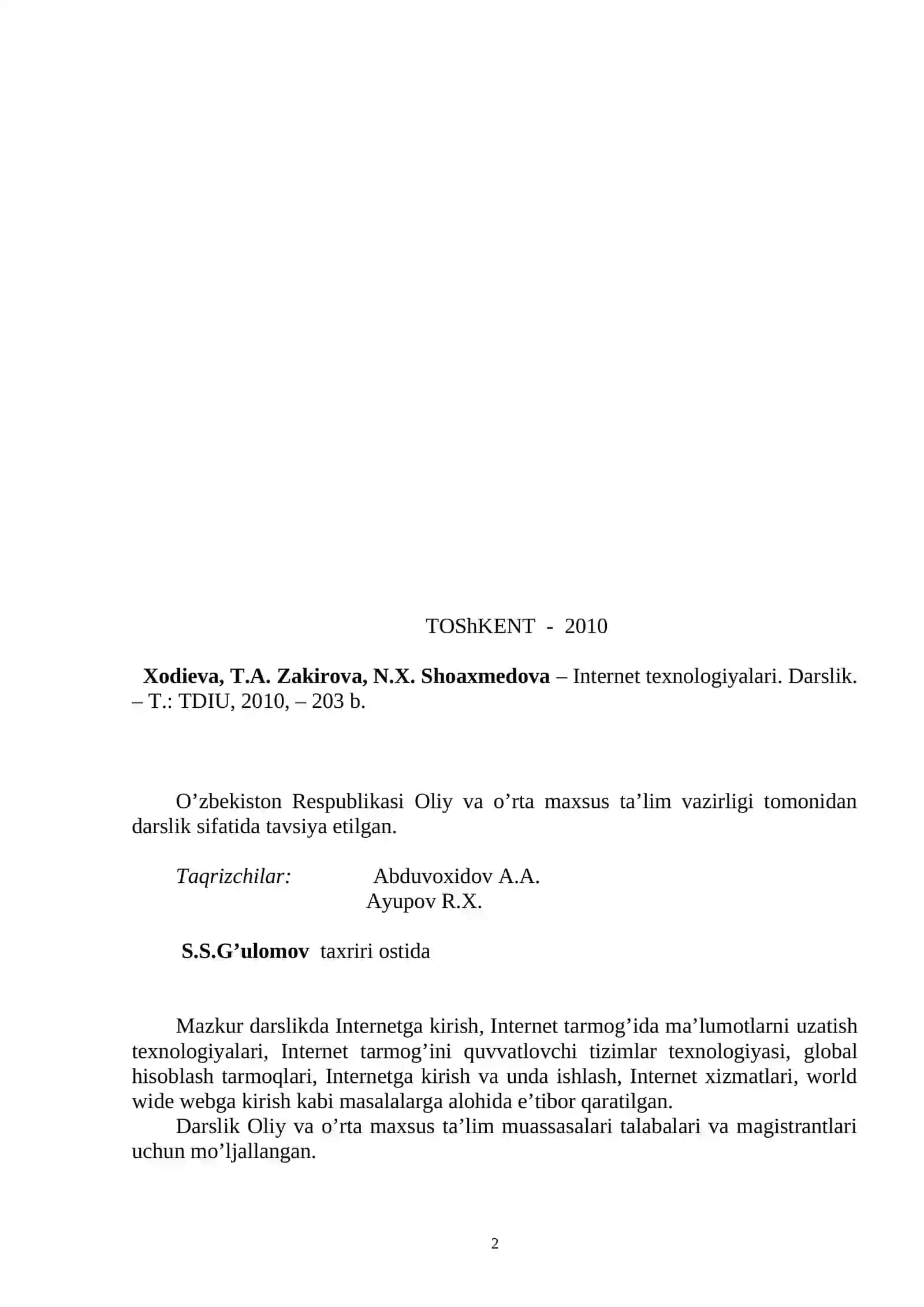 Intеrnеt tехnоlоgiyalаri. Darslik 2