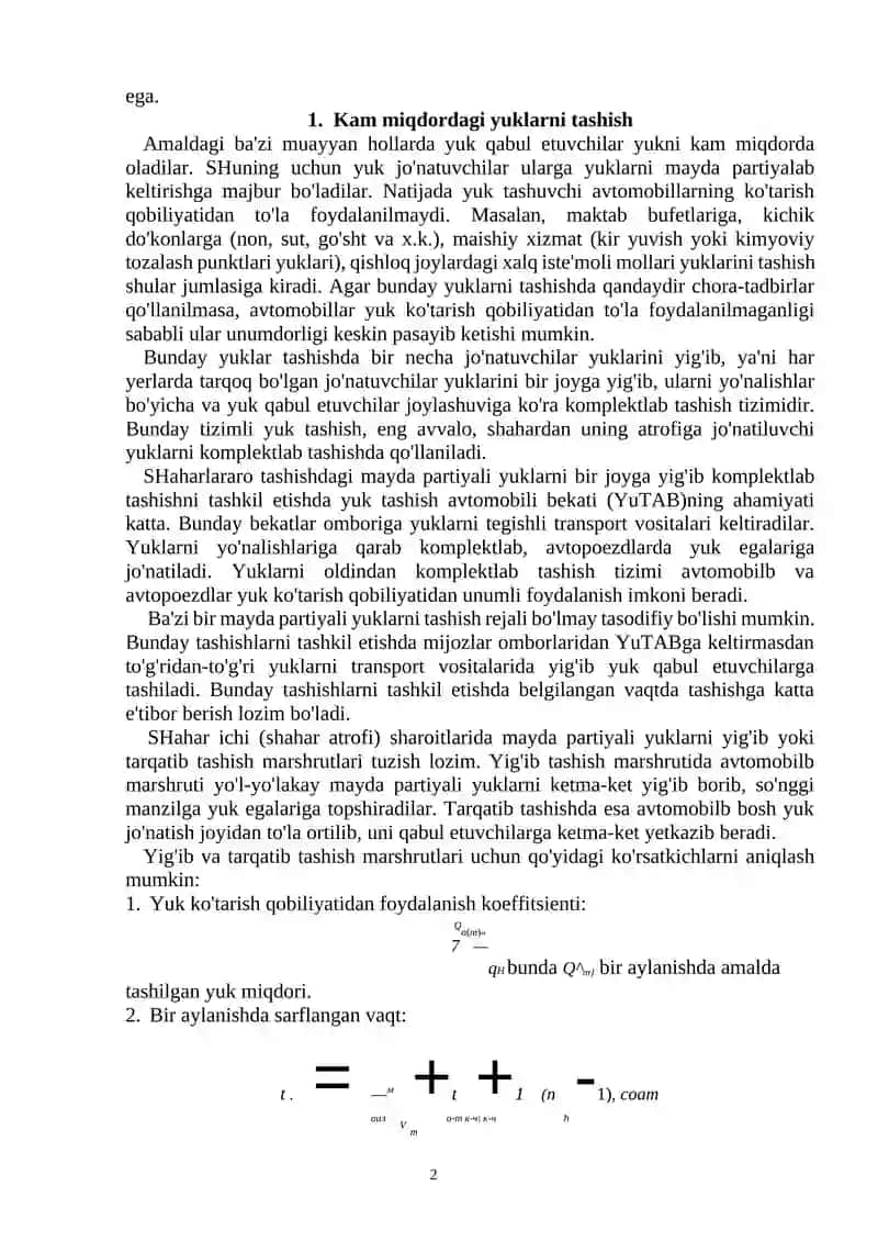 MAVZU. YUK TASHISHNI TASHKIL ETISH TIZIMLARI VA AVTOMOBILLAR HARAKATINI TASHKIL ETISH 2