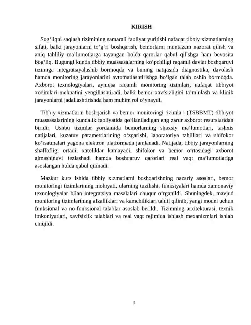 Tibbiy Xizmatlarni Boshqarish va Bemor Monitoringi Tizimlari Bo‘yicha Nazariy Asoslar 2